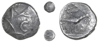 Atrebates and Regni, Tincomarus, Minim, eight-pointed star, C in centre, rev. bird right, branch in mouth, pellets...