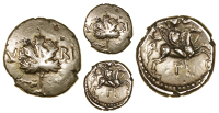Atrebates and Regni, Verica, Stater, vine leaf dividing VI RI, rev. mounted warrior right, holding lance and shield,...
