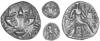 Atrebates and Regni, Verica, Unit, sceptre between two cornucopiæ, vase below, commi f around, rev. seated figure...
