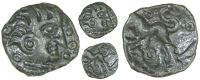 Cantii, Uninscribed issues, Bronze, bust right with hair swept back, pellets and annulets around, rev. lion left,...