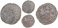 Cantii, Uninscribed issues, Bronze, bust right with curly hair within border of pellets, annulets and leaves, rev....