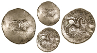 Trinovantes, Addedomaros, Stater, small geometric crescent design in plain field, rev. horse right, spiral above,...