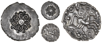 Trinovantes, Addedomaros, Quarter-Stater, small eight-petalled flower motif in plain field, rev. horse right, winged...