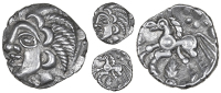 Catuvellauni, Uninscribed issues, Unit, ‘Amersham Moon Man’ type, Celtic head left with crescents and braided...