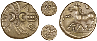 Catuvellauni, Tasciovanus, Quarter-Stater, wreath pattern, three pellets between two crescents in centre, vero in...