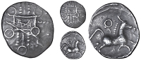 Catuvellauni, Tasciovanus, Unit, blundered ver in central tablet over cruciform beaded wreath, annulets around, rev....