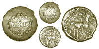 Catuvellauni, Sego, Stater, TASCIO in central panel, four-spoked wheel, annulets and pellets above and below, rev....