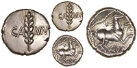 Catuvellauni, Cunobelin, Stater, Wild type, ear of barley dividing CAMV, rev. horse prancing right, heart-shaped...