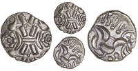 Corieltauvi, Esvp Rasv, Stater, cruciform wreath design, rosette above and below, rev. disjointed horse left, five-po...