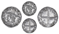Hiberno-Scandinavian period, Phase I, Penny, in imitation of Long Cross type of Æthelred II, Æ∂ELRE∂ REX IIGO,...