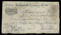 British Provincial, Devon, Dartmouth, Dartmouth General Bank, Five Pounds, 11 December 1818, B 1647, for John Hine &...
