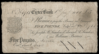 British Provincial, Devon, Exeter, Exeter Bank, Five Pounds, 1 January 1844, J 8918, for Joseph B. Sanders, Edward...