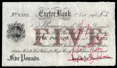 British Provincial, Devon, Exeter, Exeter Bank, Five Pounds, 1 October 1896, V 3262, on watermarked paper for Edward...
