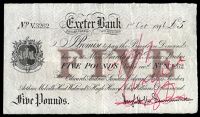 British Provincial, Devon, Exeter, Exeter Bank, Five Pounds, 1 October 1896, V 3262, on watermarked paper for Edward...
