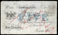 British Provincial, Devon, Exeter, City Bank, Five Pounds, 21 January 1888, D 578, for John Milford, Thomas Maitland...