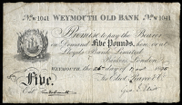 British Provincial, Dorset, Weymouth, Weymouth Old Bank, Five Pounds, 26 November 1895, W 1041, for Eliot, Pearce &...
