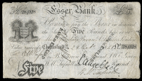 British Provincial, Essex, Chelmsford, Essex Bank, Five Pounds, 24 October 1851, no. 28028, for B. Sparrow, George...