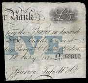 British Provincial, Essex, Chelmsford, Essex Bank, Five Pounds, 28 July 1882, no. 69810, for Sparrow, Tufnell & Co,...