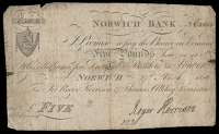 British Provincial, Norfolk, Norwich, Norwich Bank, Five Pounds, 27 March 1806, no. 3114, for Sir Roger Kerrison &...