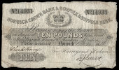 British Provincial, Norfolk, Norwich, Norwich Crown Bank & Norfolk & Suffolk Bank, Ten Pounds, 1 March 1866, no....
