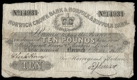 British Provincial, Norfolk, Norwich, Norwich Crown Bank & Norfolk & Suffolk Bank, Ten Pounds, 1 March 1866, no....