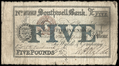 British Provincial, Nottinghamshire, Southwell, Southwell Bank, Five Pounds, 21 April 1869, no. 0182, for Wylde &...