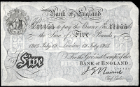 Bank of England, Gordon Nairne (1902-18), Five Pounds, 19 July 1915, 37/D 41155 (Dugg. B208b). Good very fine...