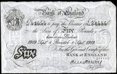 Bank of England, Ernest Harvey (1918-25), Five Pounds, 8 September 1919, T/25 54555, Bristol (Dugg. B209a). Light...