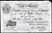 Bank of England, Ernest Harvey (1918-25), Five Pounds, 8 September 1919, T/25 54555, Bristol (Dugg. B209a). Light...