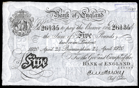 Bank of England, Ernest Harvey (1918-25), Five Pounds, 24 April 1920, U/37 26135, Birmingham (Dugg. B209a). Light...