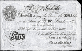 Bank of England, Ernest Harvey (1918-25), Five Pounds, 27 September 1920, U/1 08918, Leeds (Dugg. B209a). About good...