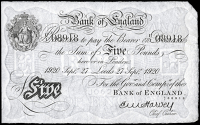 Bank of England, Ernest Harvey (1918-25), Five Pounds, 27 September 1920, U/1 08918, Leeds (Dugg. B209a). About good...