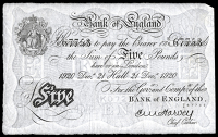 Bank of England, Ernest Harvey (1918-25), Five Pounds, 21 December 1920, U/6 67753, Hull (Dugg. B209a). Pinholes,...