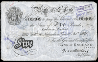 Bank of England, Ernest Harvey (1918-25), Five Pounds, 10 February 1921, U/63 00409, Newcastle-upon-Tyne (Dugg....