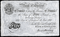 Bank of England, Ernest Harvey (1918-25), Five Pounds, 10 June 1921, 128/U 79887, Liverpool (Dugg. B209a). Very fine...