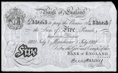 Bank of England, Ernest Harvey (1918-25), Five Pounds, 5 July 1921, U/47 33663, Manchester (Dugg. B209a). Very fine...
