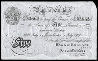 Bank of England, Ernest Harvey (1918-25), Five Pounds, 5 July 1921, U/47 33663, Manchester (Dugg. B209a). Very fine...