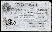 Bank of England, Patrick Mahon (1925-29), Five Pounds, 2 May 1925, 250/U 10244, Hull (Dugg. B215). Bankstamp on...