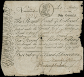Scotland, The Royal Bank of Scotland, One Guinea, 24 March 1758, no. 409/63217, payee David Baillie, two signatures...