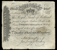 Scotland, The Royal Bank of Scotland, Twenty Shillings, 6 March 1824, U 2210/1019, pay to Andrew Bogle, signatures...