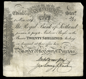 Scotland, The Royal Bank of Scotland, Twenty Shillings, 8 November 1824, R 36/502, pay to Andrew Bogle, signatures...