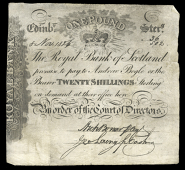 Scotland, The Royal Bank of Scotland, Twenty Shillings, 8 November 1824, R 36/502, pay to Andrew Bogle, signatures...