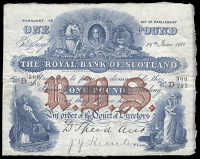 Scotland, The Royal Bank of Scotland, One Pound, 29 June 1921, D 300295, printed signature of David Speed, signed by...