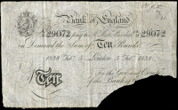 Bank of England, Matthew Marshall, Ten Pounds, 5 February 1838, A/S 29072 (Dugg. B203d). Signature area torn off at...