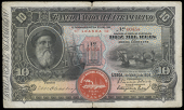 Angola, Banco Nacioñal Ultramarino, Ten Milréis, 1 March 1909, no. 00454 (Pick 34). Short splits at top and bottom...