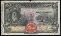 Angola, Banco Nacioñal Ultramarino, Ten Milréis, 1 March 1909, no. 00454 (Pick 34). Short splits at top and bottom...