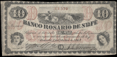Argentina, Banco Rosario de Santa Fé, Ten Pesos, 1 October 1869, red serial no. 08570, handwritten signatures (Pick...