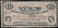 Argentina, Banco Rosario de Santa Fé, Ten Pesos, 1 October 1869, red serial no. 08570, handwritten signatures (Pick...