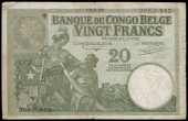Belgian Congo, Banque du Congo Belge, Twenty Francs, 15 September 1937, 205 F.945 (Pick 10f). Spot at upper left,...