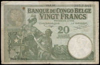 Belgian Congo, Banque du Congo Belge, Twenty Francs, 15 September 1937, 205 F.945 (Pick 10f). Spot at upper left,...